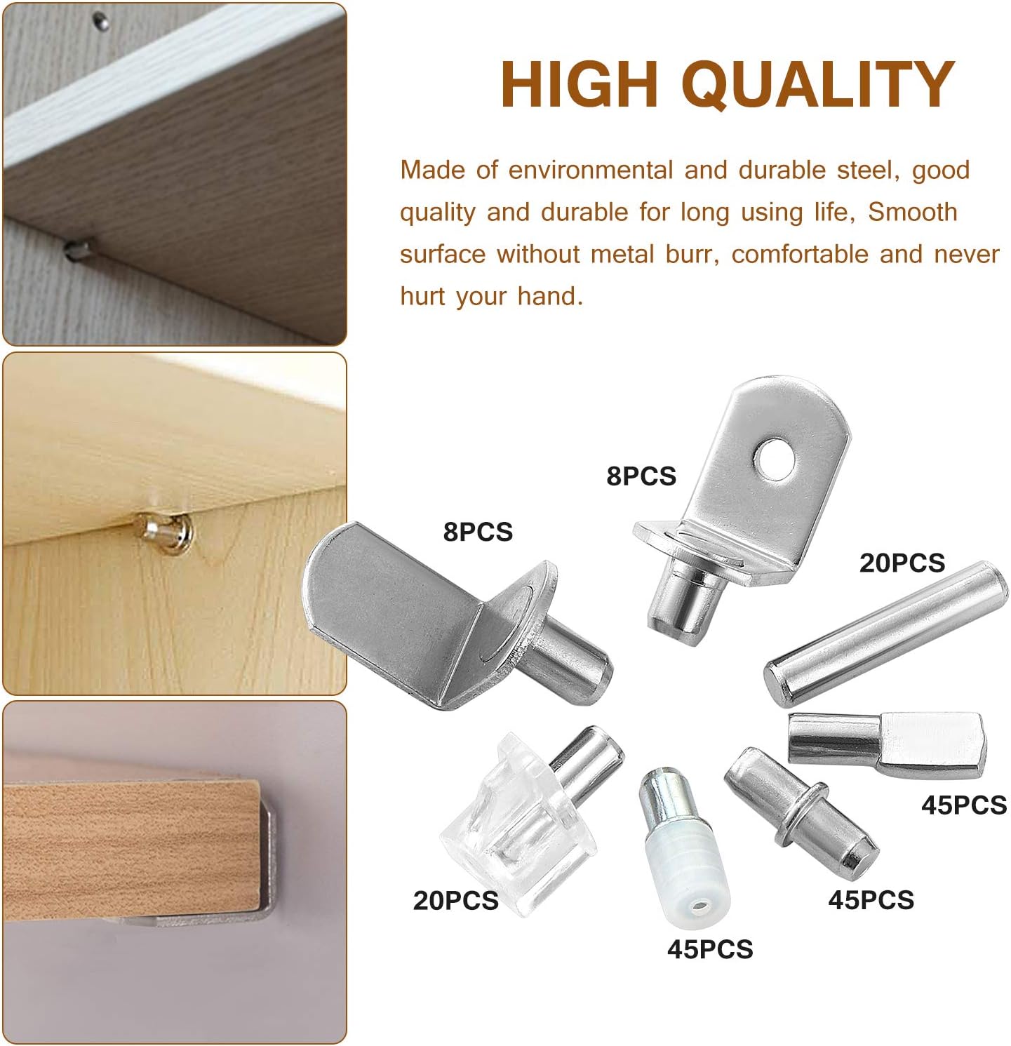 191PCS Shelf Pins Kit, 7 Styles Nickel Plated Shelf Bracket Pegs Shelf Pins Support for Kitchen Cabinet Bookcase Furniture