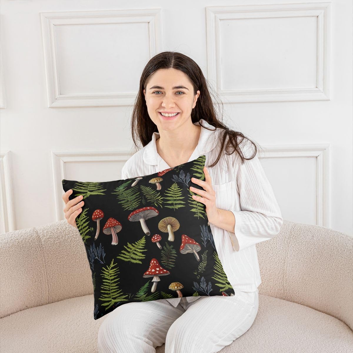 Mushroom Throw Pillow Covers 20"x20" Set of 4 Soft Botanical Nature Theme Pillow Cases Cushion Covers For Living Room Bedroom Wild Mushroom Stuff Decorative Throw Pillowcases for Sofa Couch Chair