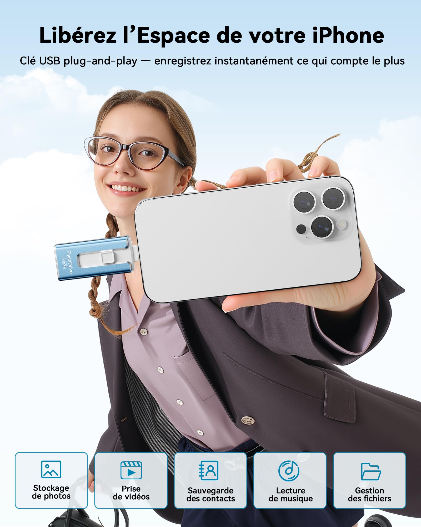 SUDEHO Clé USB-C 256 Go, Clé USB iPhone, MFi Certifiée (Bleu) | Design 3 en 1 pour iPhone, iPad, USB-C, Android et PC. Transfert haute vitesse de photos, vidéos et fichiers.