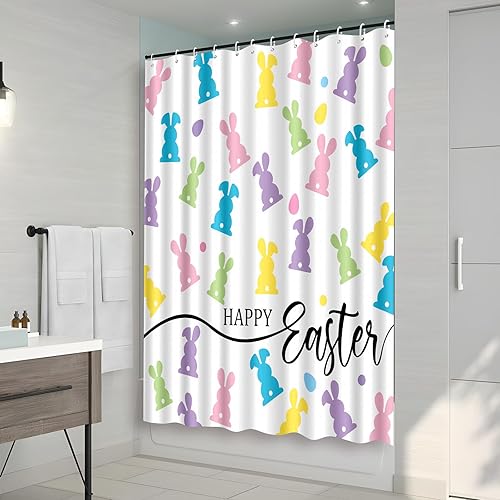 Vista 8 de Cortina de ducha de conejo de Pascua para baño, decoración de huevos, decoración del hogar de primavera con 12 ganchos de 72 x 72 pulgadas
