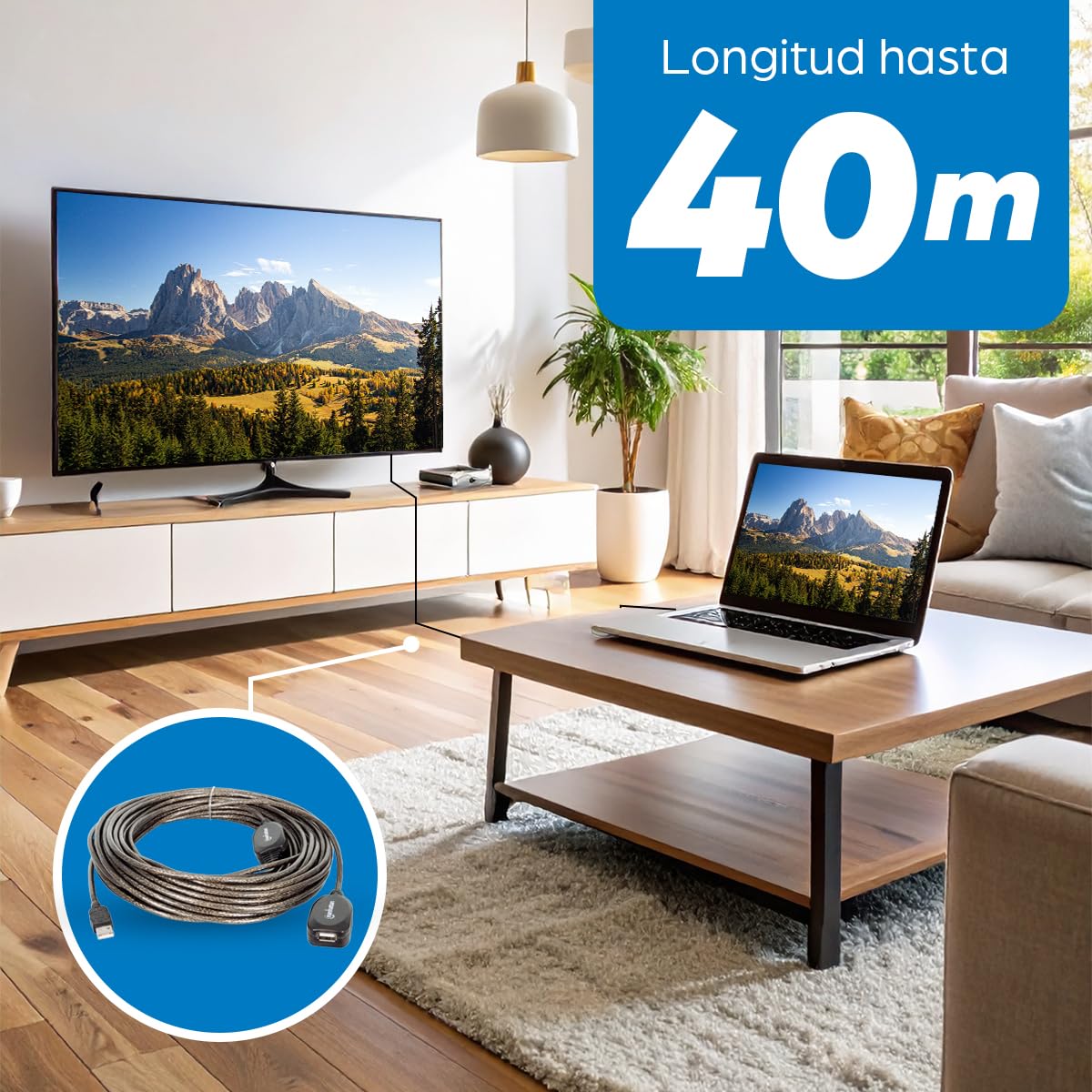 Manhattan Kabel przedłużający USB-A do USB-A 20 m, męski na żeński, aktywny, 480 Mb/s (USB 2.0), z łańcuchem, wbudowany wzmacniacz, Hi-Speed USB, czarny, 3-letnia, zapakowany