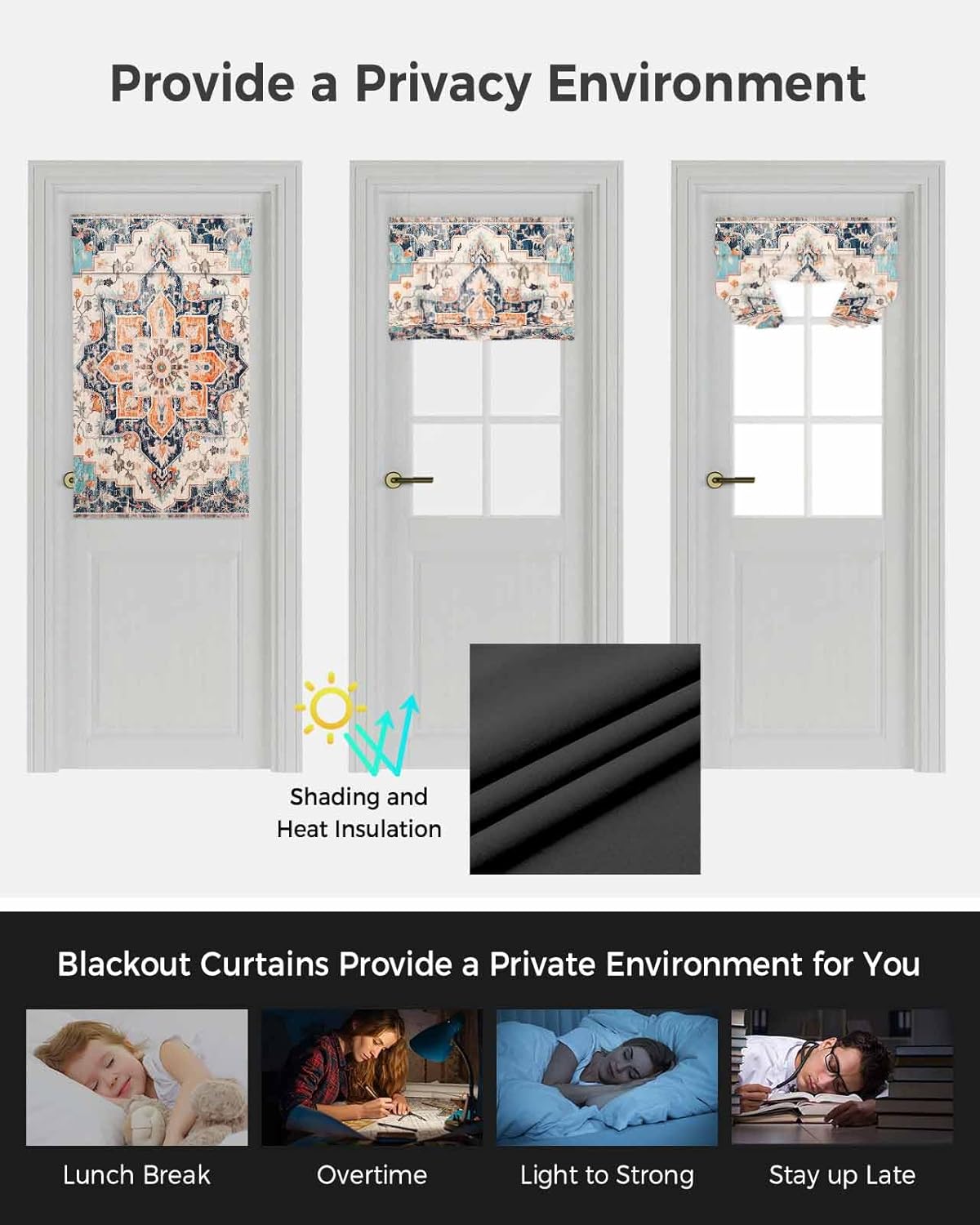 Blackout French Door Curtains Boho Oriental Medallion Retro Distressed Bohemian Privacy Door Window Curtain Tie up Shade Sidelight Curtain for Patio Front Glass Door, 1 Panel, 26x70 Inch