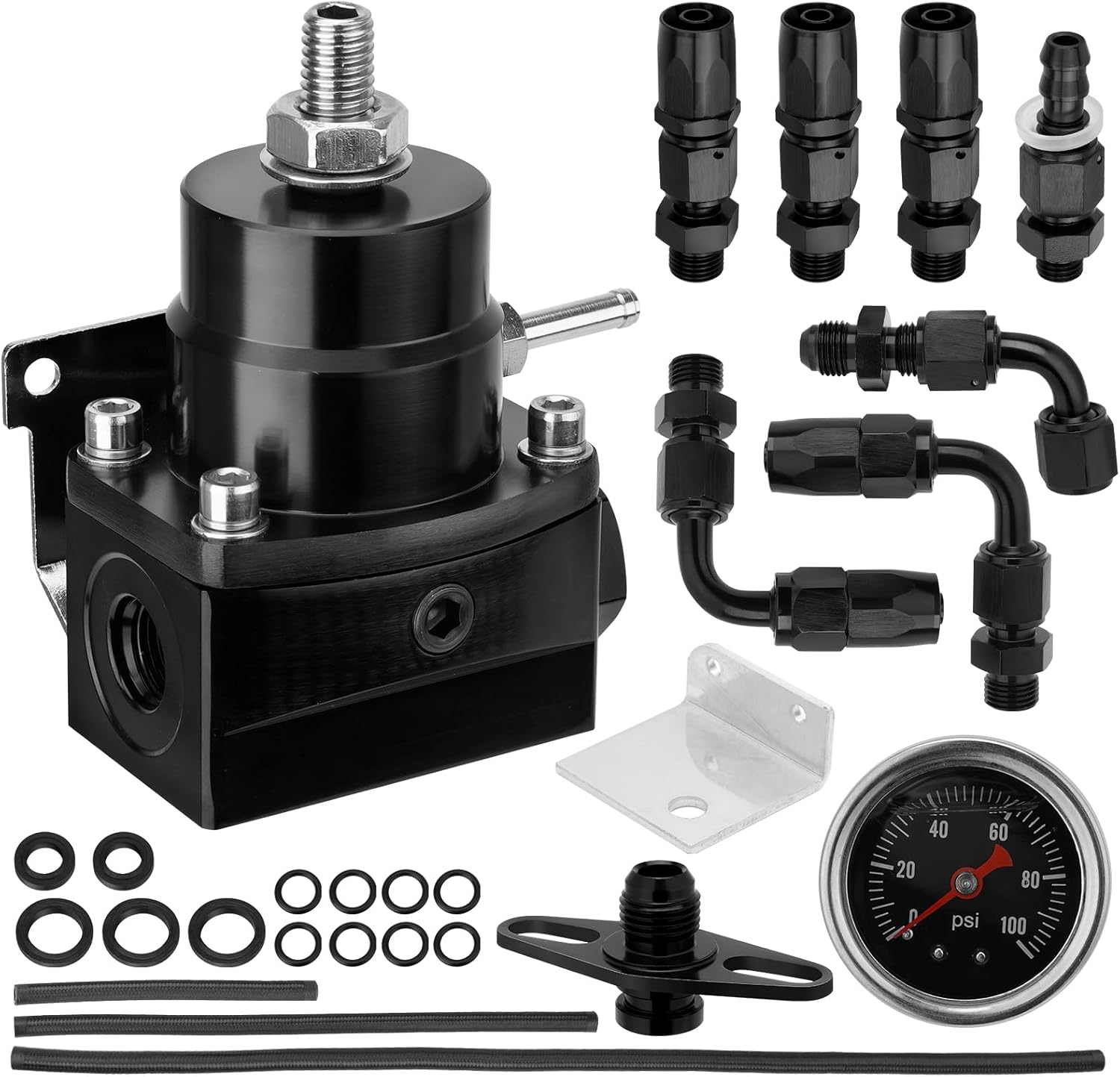 YEHERITAUTOPARTS Adjustable EFI Fuel Pressure Regulator Kit w/ Bypass Return, 0-100 PSI Gauge, 6AN Fittings, PTFE Hose - E85 Ethanol Compatible