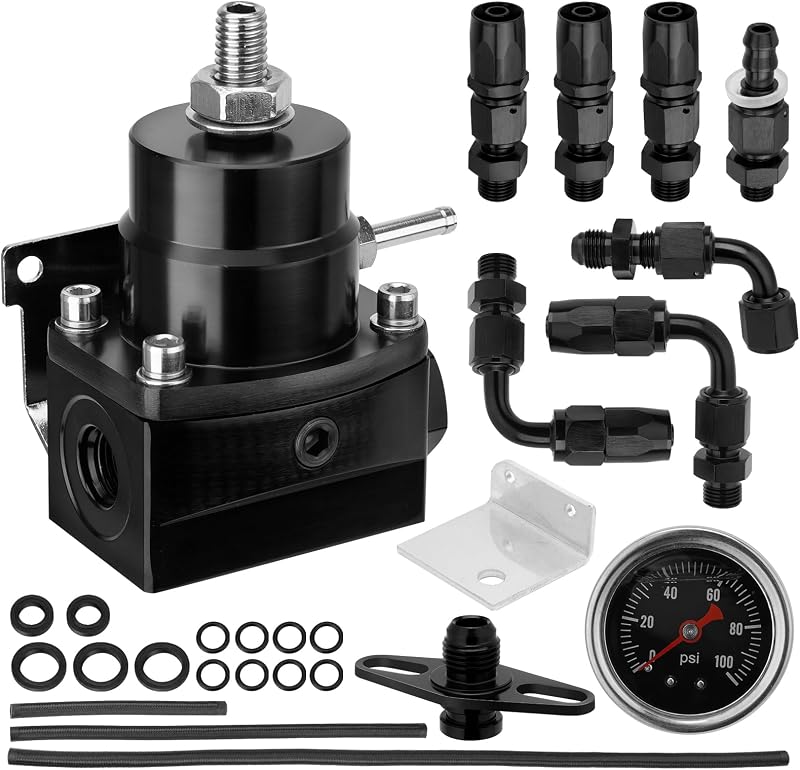 Adjustable EFI Fuel Pressure Regulator Kit | With Bypass Return, 0-100 PSI Gauge, 6AN Fittings & PTFE Braided Hose, Compatible with Gasoline, E85, Ethanol, Methanol Fuels