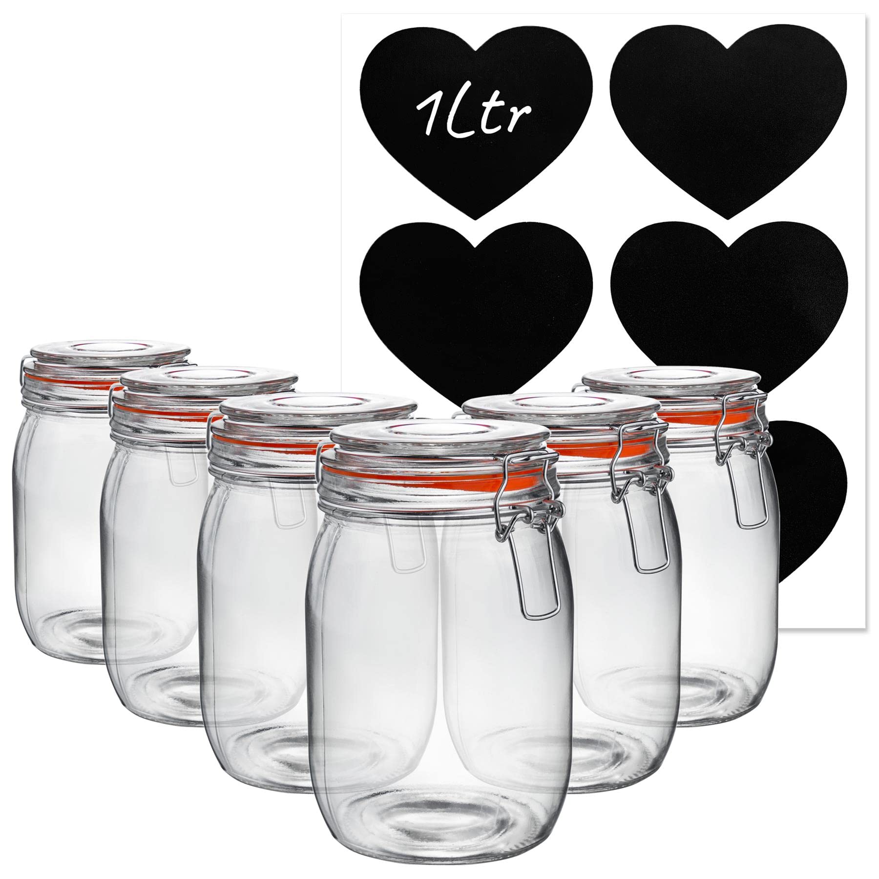 Argon Tableware Unisex Clear 6X Glass Storage Jars & Heart Labels Set - 1L/33.8Oz In