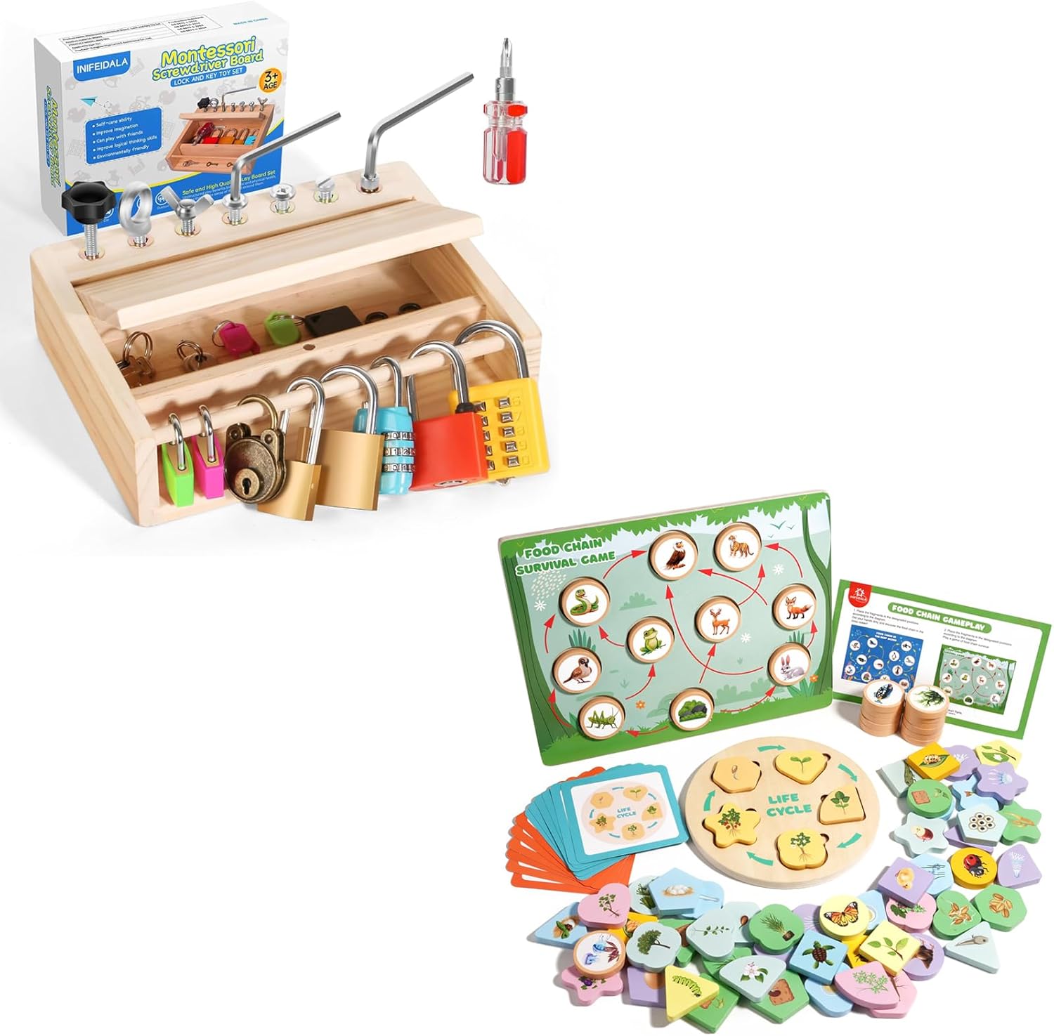 Montessori Screwdriver Board Set-Lock and Key Toy-Life Cycle Puzzle