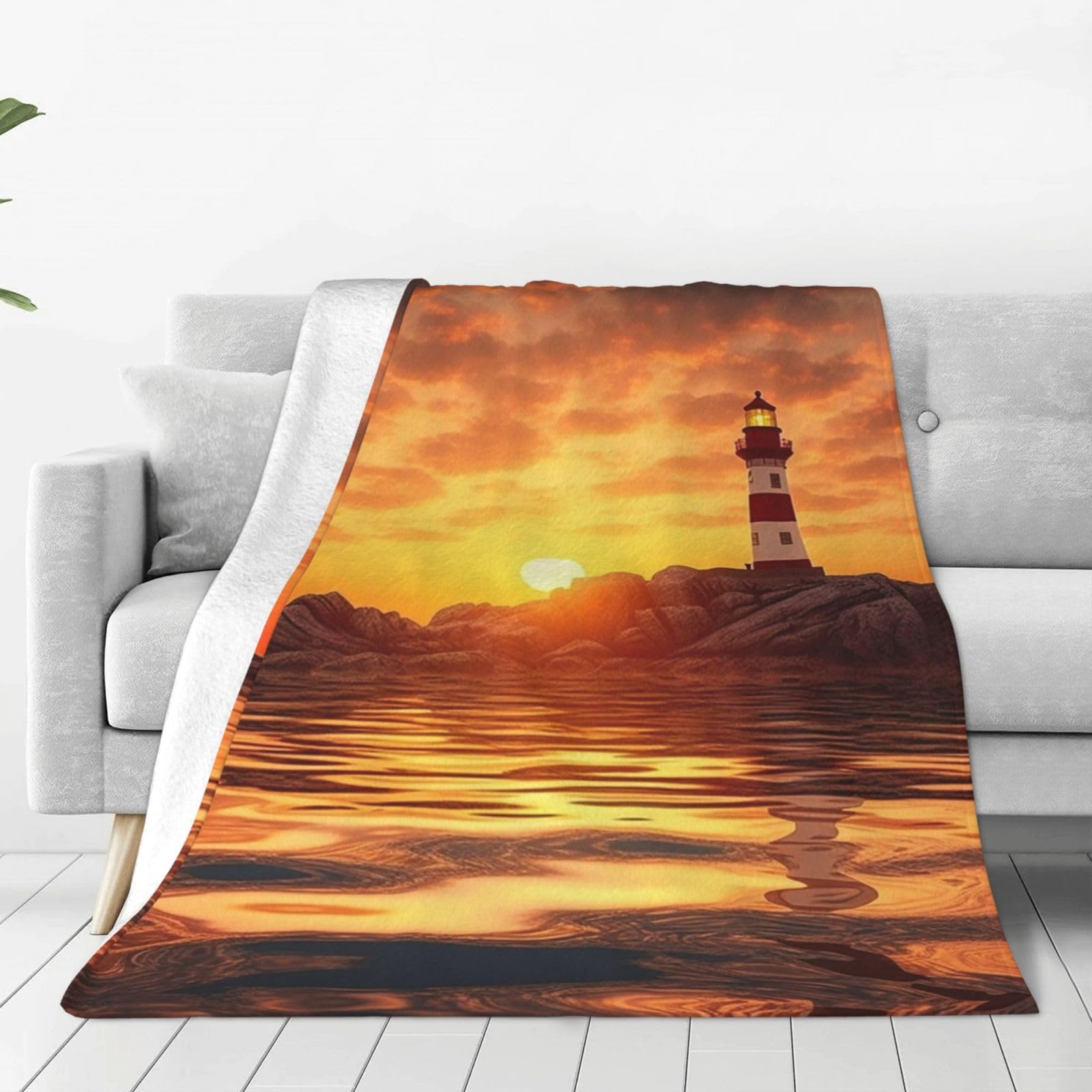 Sea Lighthouse in Sunset Throw Blanket for Couch, Plush Fuzzy Soft Flannel Blankets and Throws for Sofa, 40"x30" Bed Blankets for Travel Camping Chair, All Season Warm Fleece Blanket