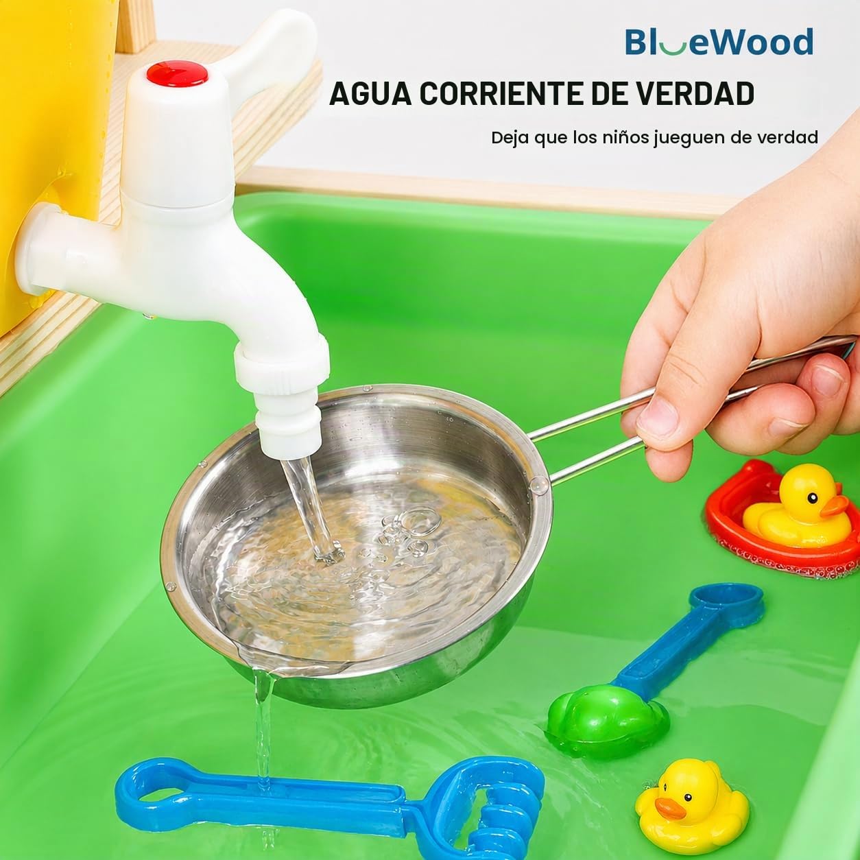 Cocina de Juguete de Madera para Niños | Cocina Exterior Infantil BlueWood | Grifo Funcional, Fregadero Grande, Estantes y Accesorios | Juego Educativo al Aire Libre
