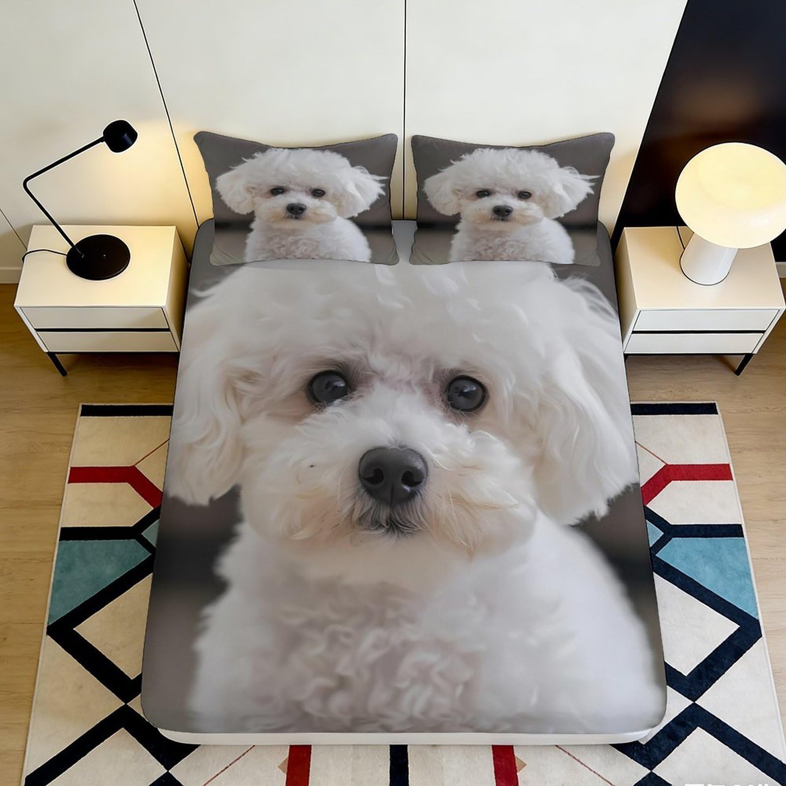 3D Printed Bichon Frisé Dog Fitted Sheet Microfiber Soft Non-slip Cute Puppy Bed Cover for Bedroom Living Room Decor 90x200x25cm
