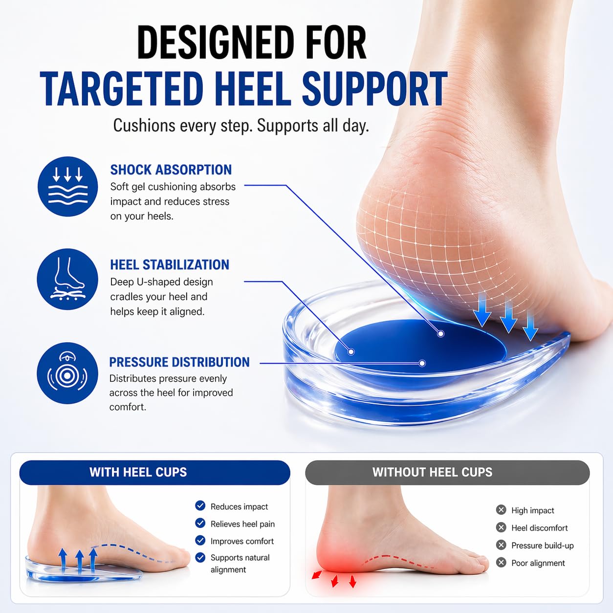 Almohadillas de gel de silicona para talón, 2 pares de talones para tendinitis de Aquiles, fascitis plantar, espolón de talón, alivio del dolor de talón, pequeño/mediano