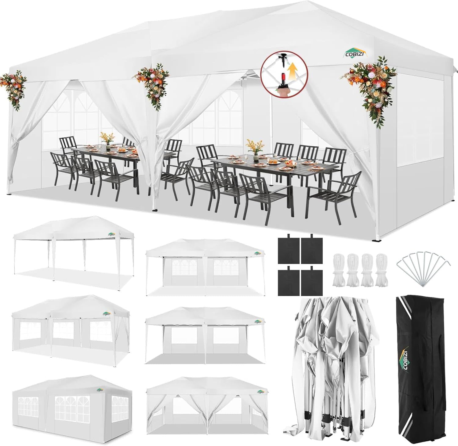 Photo 1 of COBIZI 10x20 Pop Up Canopy Tent with 6 Sidewalls Party Tents for Parties Weddings Backyard Waterproof Commercial Instant Outdoor Events Tent with Stakes, Ropes?10 x 20 ft White