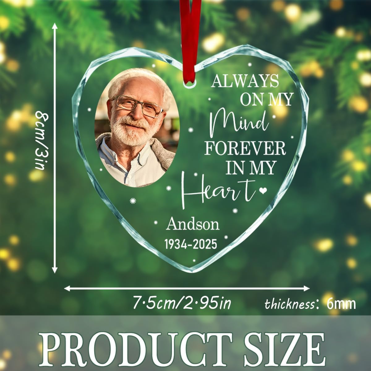 Personalized Alway on My Mind Christmas Ornament, Custom Photo Name Years Car Pendant Sympathy Keepsake Gift for Loss of Loved One Dad Mom Remembrance