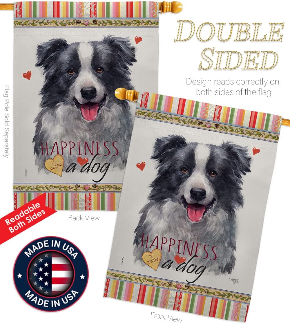 Breeze Decor Border Collie Happiness House Flag Pack Dog Puppy Spoiled Paw Canine Fur Pet Nature Farm Animal Creature Applique Banner Small Garden Yard Gift Double-Sided, Made in USA