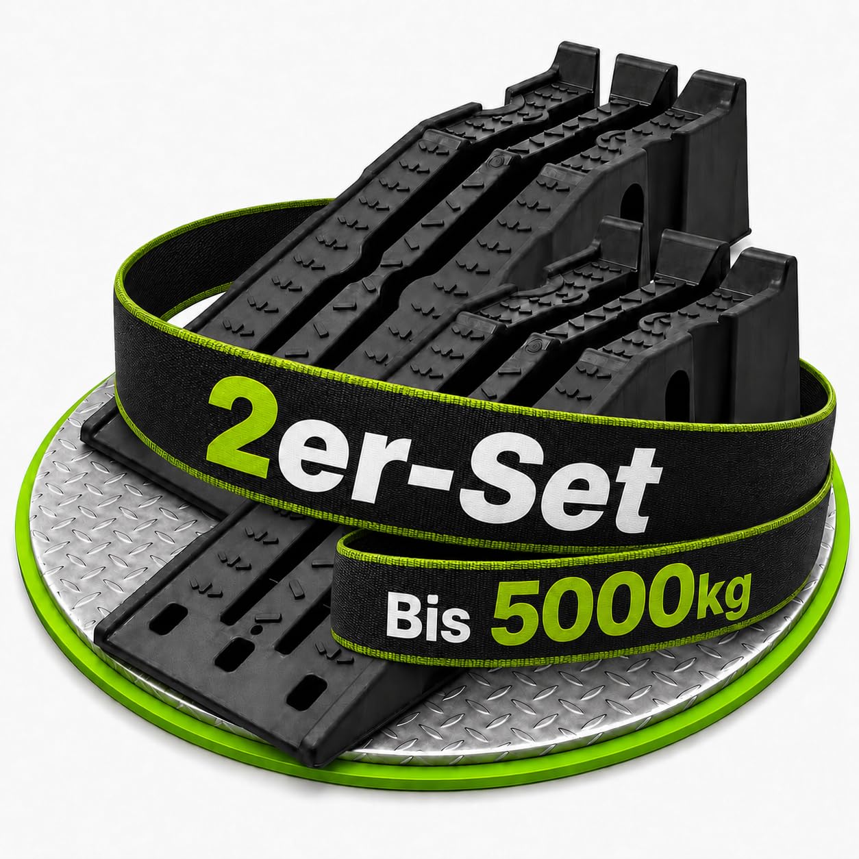 Auffahrrampe 2er Set, Fahrzeugrampe max. 5000 kg | 90,5 x 30,5 x 21,6 cm | mit Radstopper, Gummifüßen, Trageöffnungen & profilierter Auffahrfläche | Autorampe, KFZ Rampe für Werkstatt, Garage