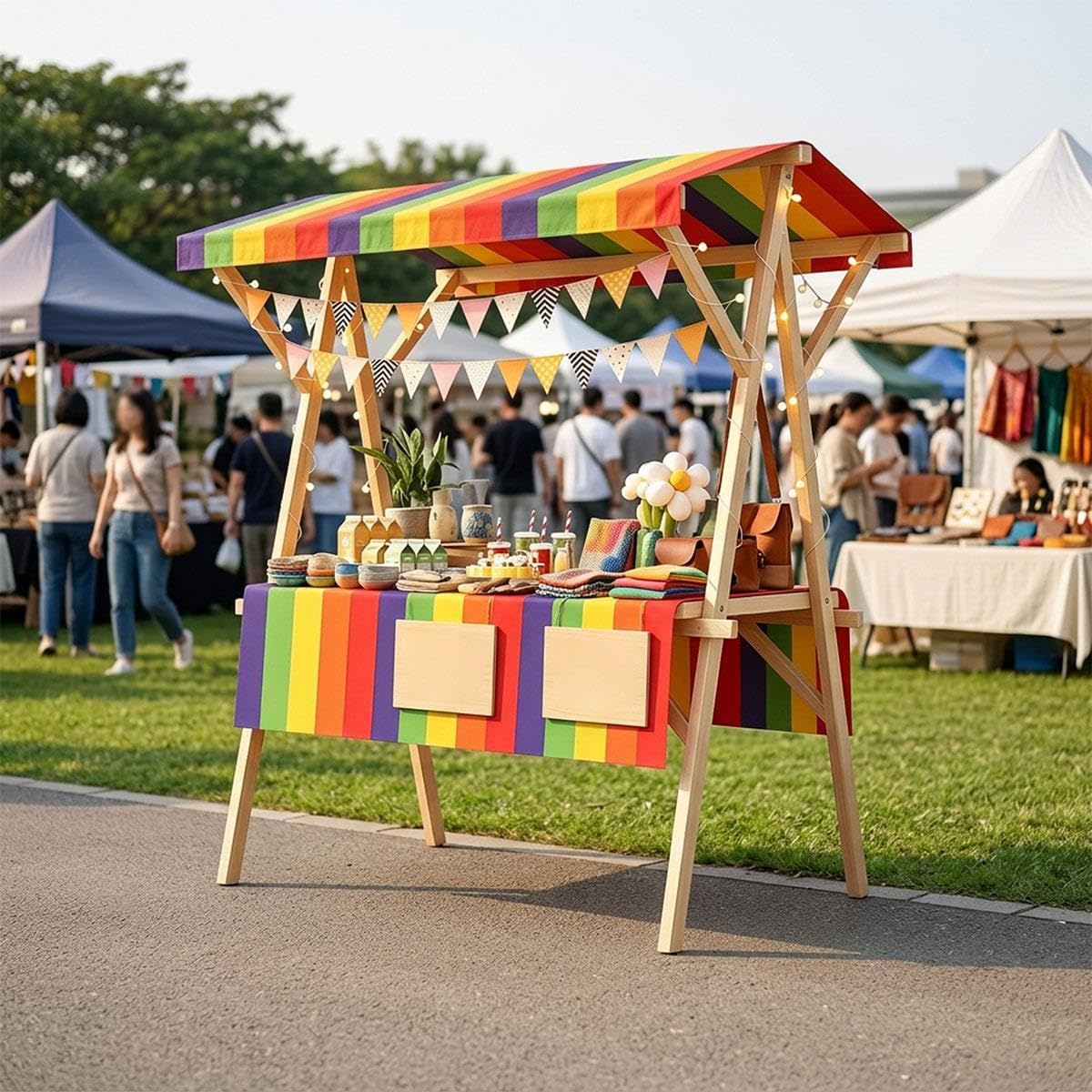 Stand de Marché Pliable en Bois avec Auvent Rayé