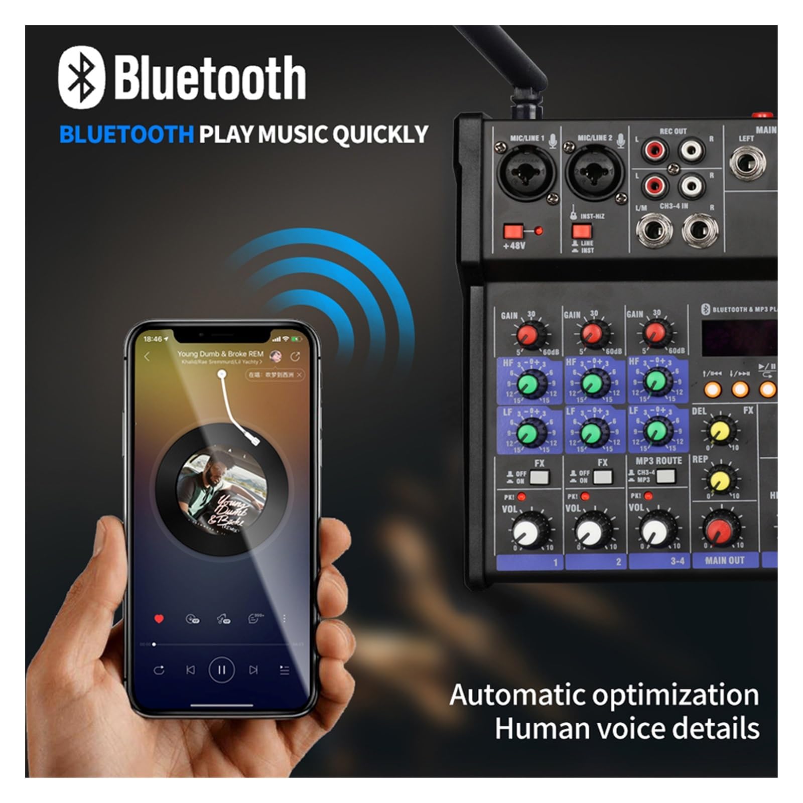 Kit Scheda Audio Mixer A 4 Canali con Microfono Wireless per Computer Dj Mixing Console Interfaccia Scheda Audio Phantom Power Studio Setup per La Registrazione,