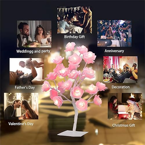 Miniatura 5 de Lámpara de árbol de rosa, 24 luces LED de mesa de flores de rosas, lámpara de mesa de color rosa artificial para niñas, regalo del día de la madre,