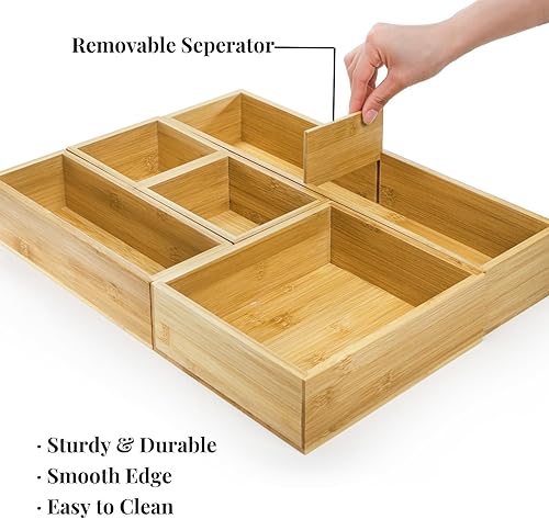 Miniatura 3 de Organizador de cajones de bambú de 5 piezas, bandeja de almacenamiento de té chatarra individual multiusos con divisores extraíbles, contenedor