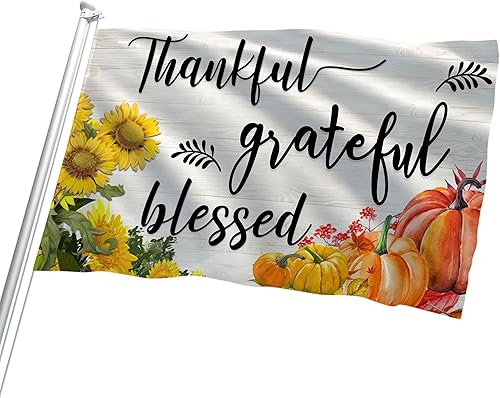 Miniatura 4 de Bandera de otoño con diseño de calabaza y calabaza de otoño de 3 x 5 pies, bandera de otoño con texto en inglés "Thankful Grateful Blessed Happy