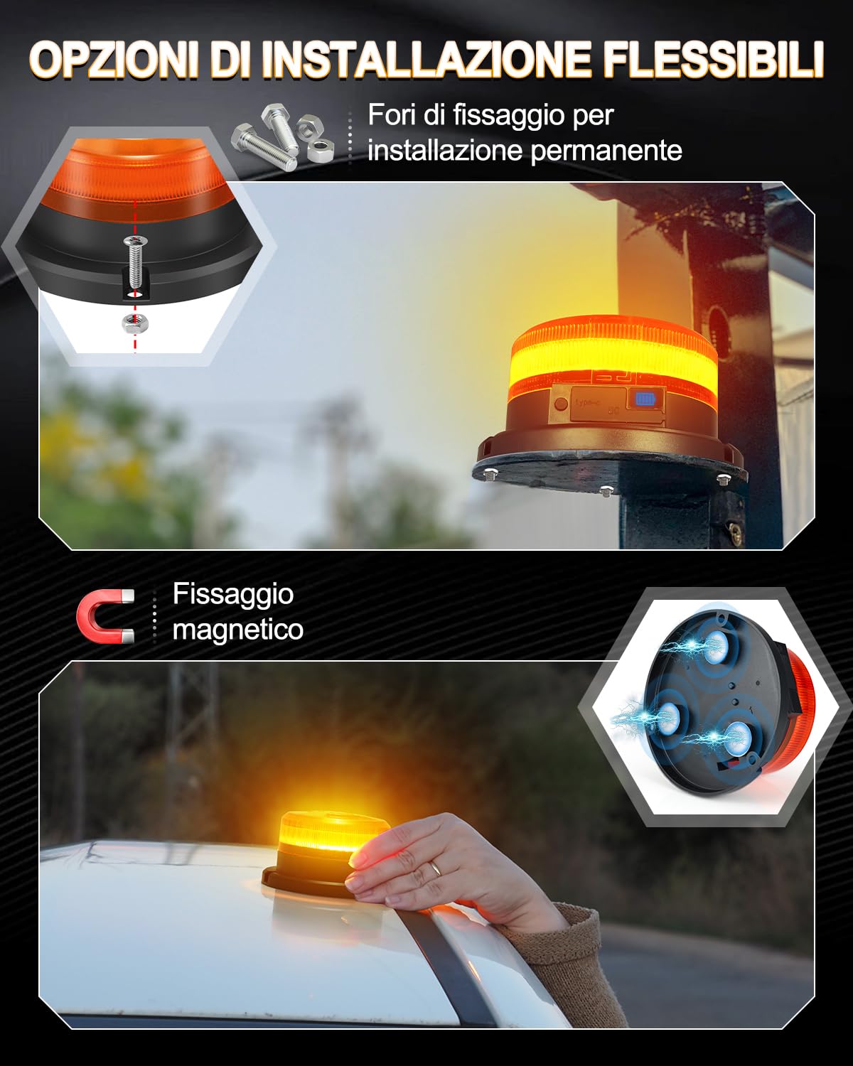 Dinfu lampeggiante arancione a batteria Display di carica lampeggiante led senza fili 12V Faro rotante a LED con magnetico, Cavo USB e accendisigari e 9 modalità per auto trattore UTV SUV J-eep
