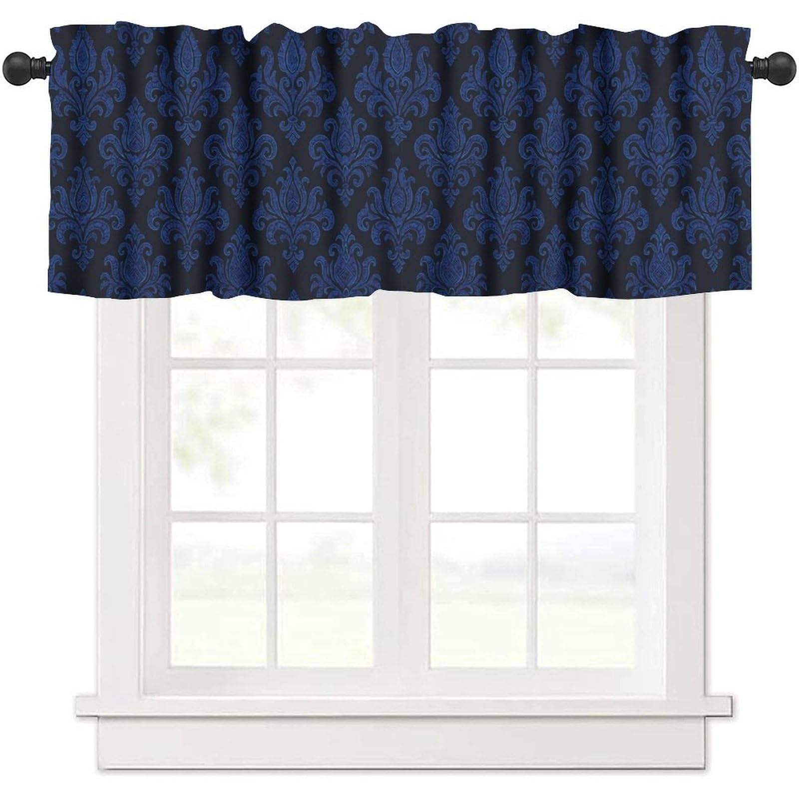 moderw Royal Blue Damask Window Curtains Valance, Vintage Baroque Luxury Black Damask Classical Antique Victorian Curtain Valance for Bedroom Living Room Kitchen 54x18inch