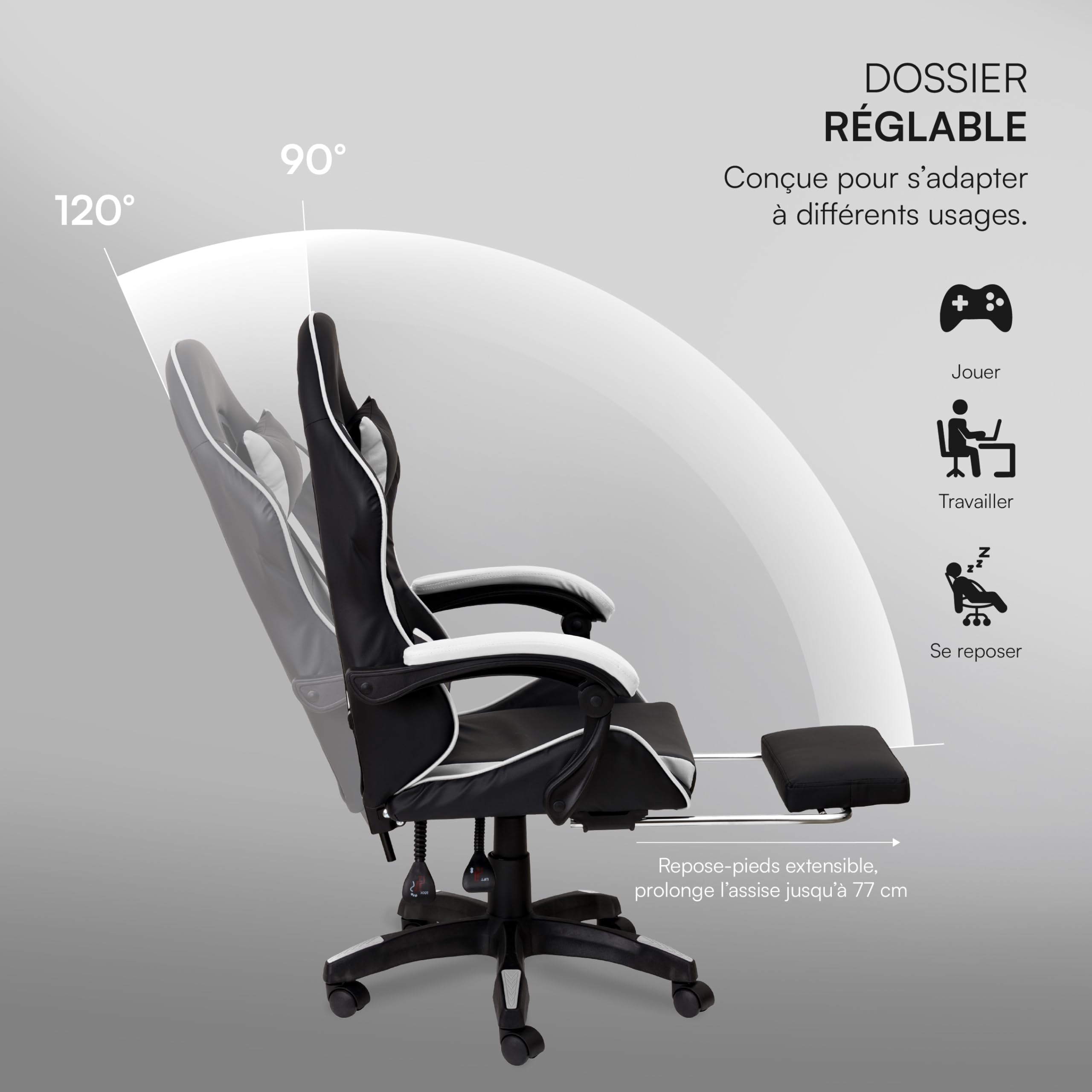 Baroni Home Chaise Gaming avec Dossier Ergonomique Reclinable et Hauteur Ajustable, Chaise de Bureau avec Support Lombaire, Repose-tête Mousse et Repose-Pieds Extractible, Blanc, 58x66x114-124 cm