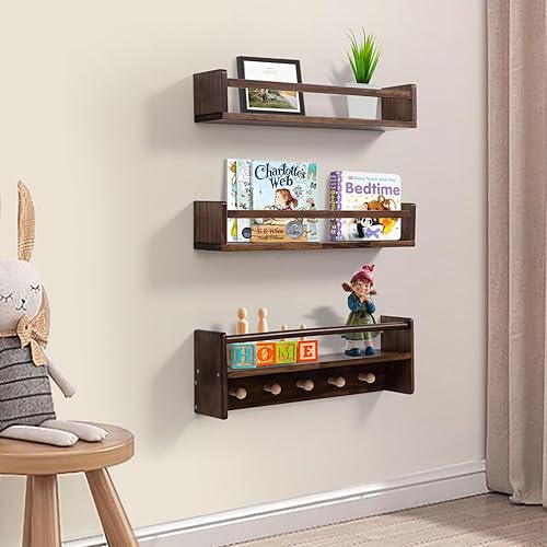 Miniatura 4 de AZSKY Estantes de guardería para pared de habitación de niños, estante de guardería con ganchos para dormitorio, estante flotante de 16 pulgadas