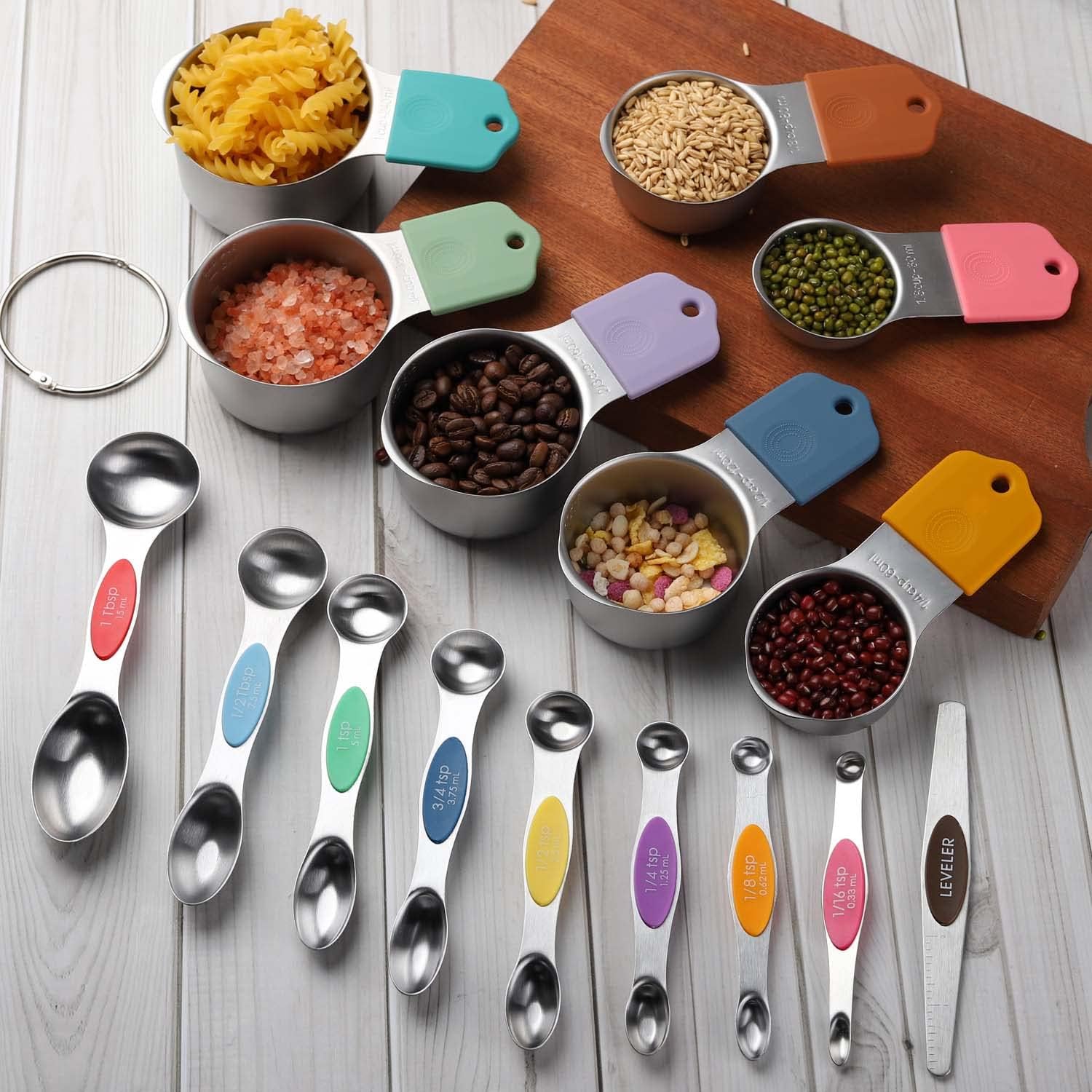 Magnetic Measuring Cups and Spoons Set Including 7 Stainless Steel Heavy Duty Measuring Cup 8 Double Sided Measuring Spoons with 1 Leveler for Dry and Liquid Ingredients (Color)