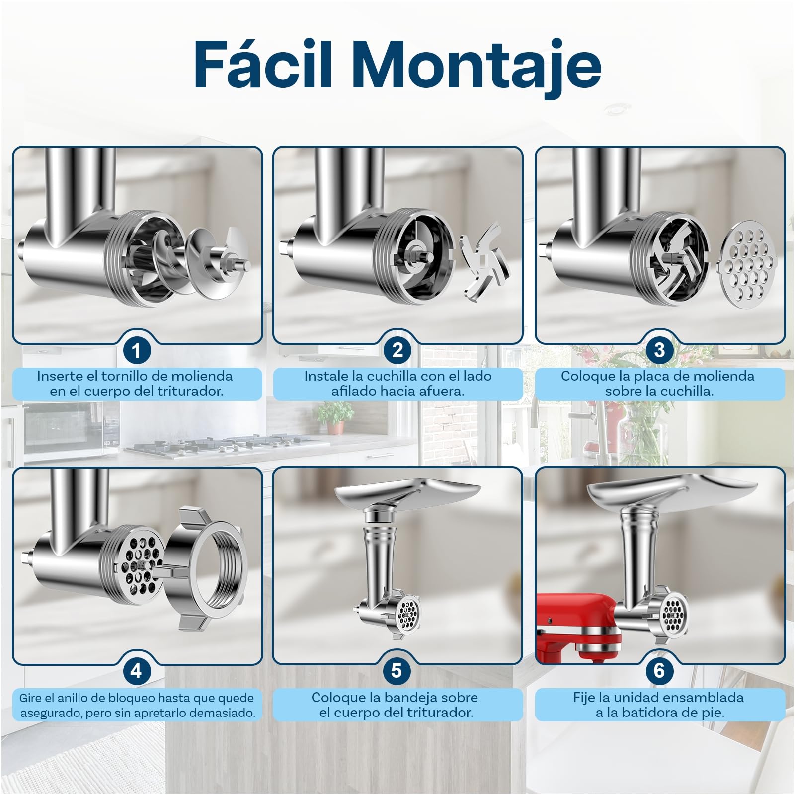Accesorio Picadora de Carne para KitchenAid Batidora de Pie - Accesorio Trituradora de Alimentos con 4 Platos Picadores, 2 Tubos de Relleno de Salchichas, 2 Cuchillas Picadoras por MMOBIEL
