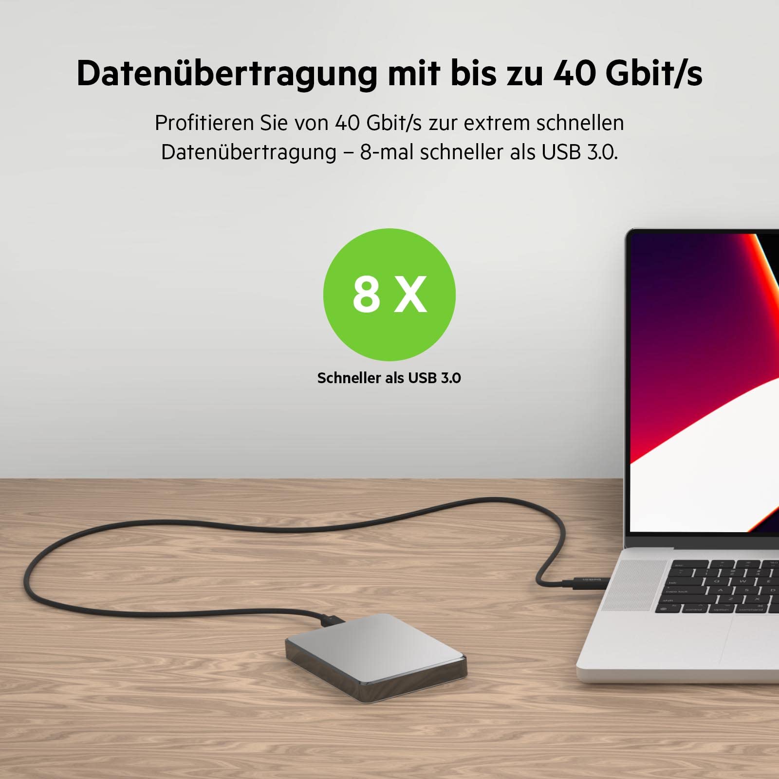 Belkin aktives Thunderbolt 4-Kabel, USB Type C-Verbindung mit 100W Power Delivery, PD-fähig, USB-4-konform und kompatibel mit TB3, MacBook Pro, iPhone 16 Pro/15 Pro, eGPU und anderen Geräten, 2m