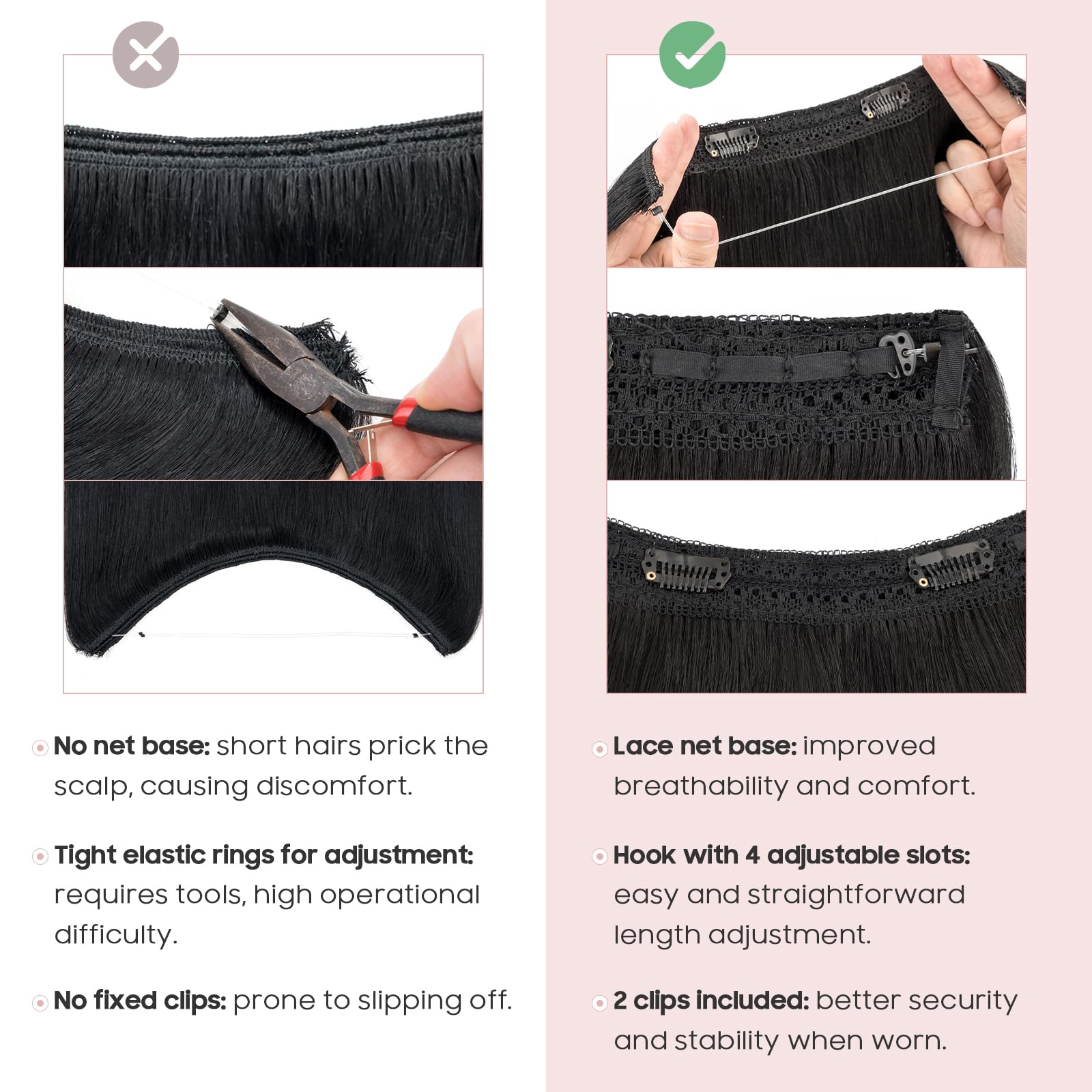 Silk-co Secret Wire In Hair Extensions With Clip Invisible Remy Human Hair One Piece Straight Natural Invisible Adjustable Secret Wire Hairpiece Extensions 14 Inch-60g #01 Jet Black - Image 3