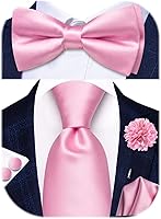 Hi-Tie 5-Piece Men's Solid Color Silk Tie Set: Pre-Tied Bowtie, Lapel Pin, Handkerchief, Cufflinks in Gift Box for Weddings