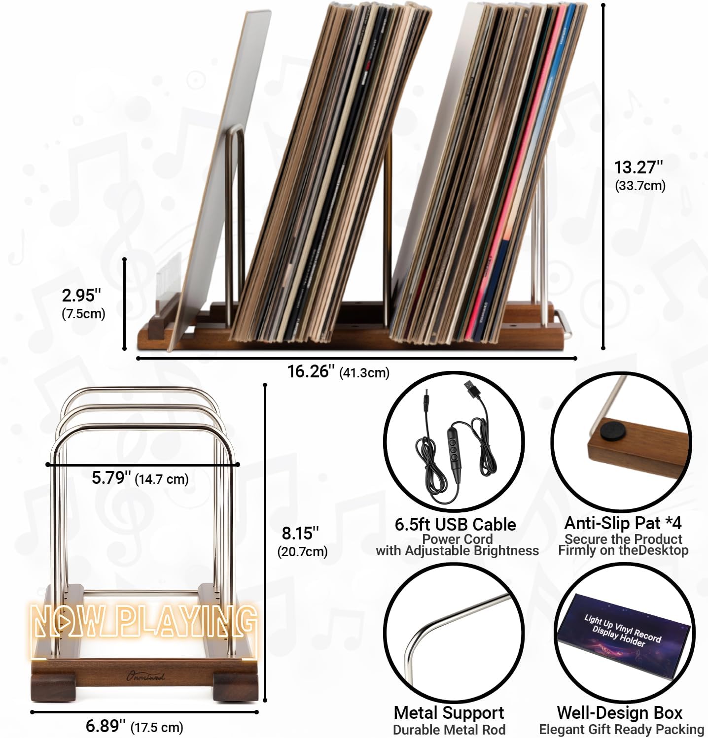 Vinyl Record Holder for 75 LPs, Light Up Now Playing Vinyl Record Stand, Wooden Album Storage Organizer, Album Holders for Records Display, Accessories Gifts for Music Lovers