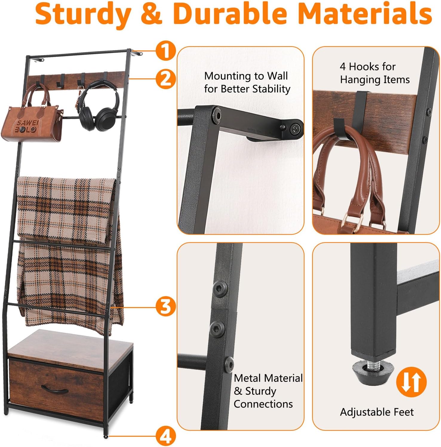 Metal Blanket Ladder with Storage Drawer, 5 Tier Rustic Blanket Rack with Hooks for Living Room, Bedroom, Farmhouse Decor – 5.2ft Wall Leaning Ladder Shelf for Blankets, Towels & Throws, Black