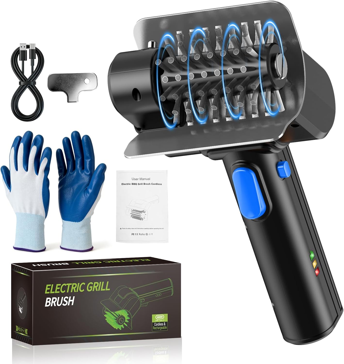 Electric Grill Brush with Dual Safety Lock, Cordless Electric BBQ Cleaner 550RPM High-Speed, Grill Scrubber with 304 Stainless Steel Removable Brush Head, Ideal BBQ Gift for Men/Dad (Blue Button)