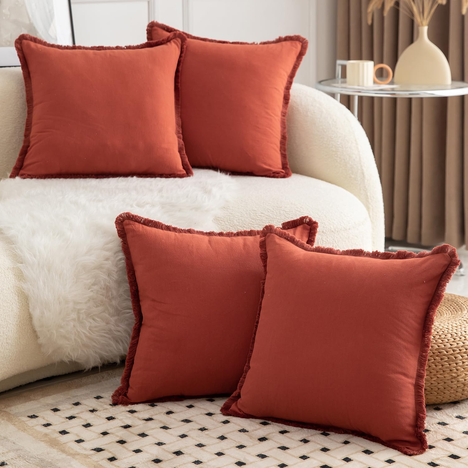 MANDIOO Set of 4 Neutral Cotton Fringe Decorative Throw Pillow Covers 26x26 Inch Boho Farmhouse Cushion Covers Cozy Tassels Pillowcase for Couch Sofa Bedroom Living Room Home Decor Burnt Brick