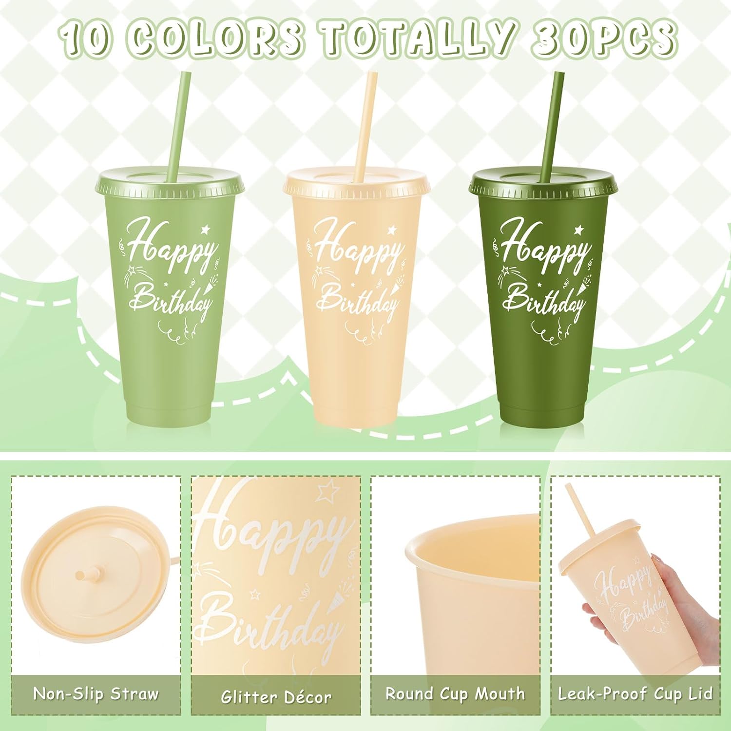 Uiifan 30 Pcs Birthday Cups Bulk with Lids and Straws, Sage Green Reusable Tumblers for Party Favors Return Gifts, Birthday Goodie Bag Stuffers - Image 3