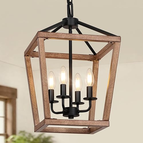4 Light Farmhouse Chandelier, Lantern Ceiling Light Fixture with Brushed
