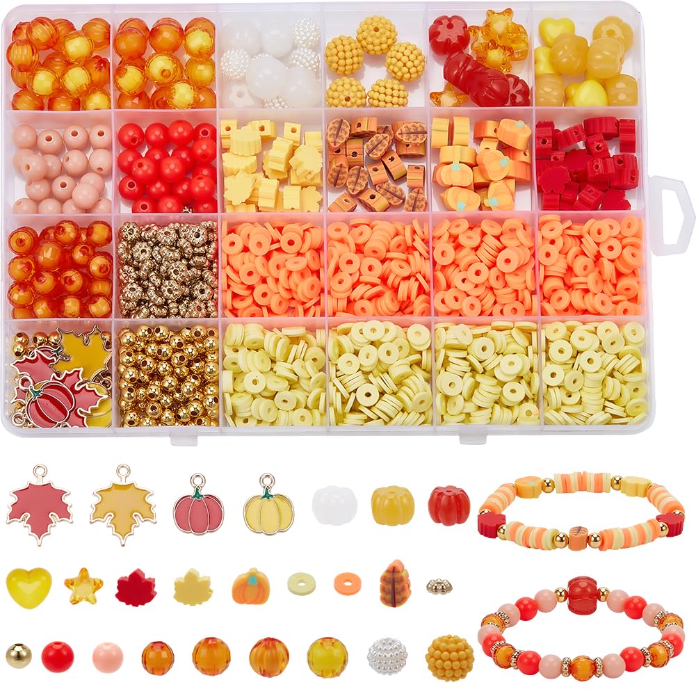 SOFPLATE 1 Box 1800Pcs+ Fall Bracelet Making Kit Thanksgiving Beads Yellow Orange Autumn Colored Polymer Clay Beads Leaf Pumpkin Maple Charms Star Round Heishi Spacers for Jewellery Making Necklace