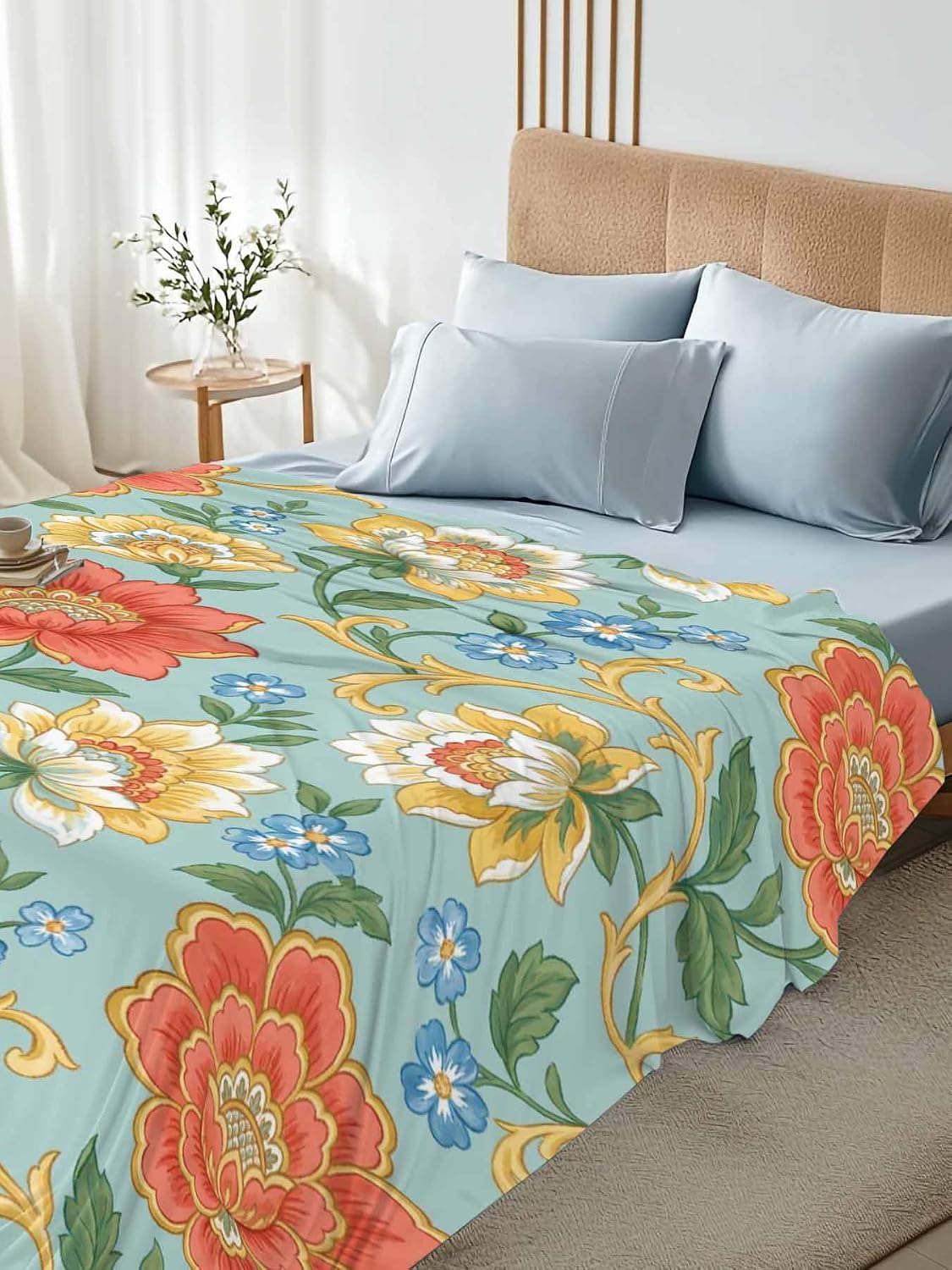 King Flat Sheet, Turquoise Flowers King Bed Sheets Only, Soft Microfiber Flat Sheet, Country Vintage Chic Flowers Vines Hotel Quality Bedding Top Sheet Bedroom Home Dorm Decor