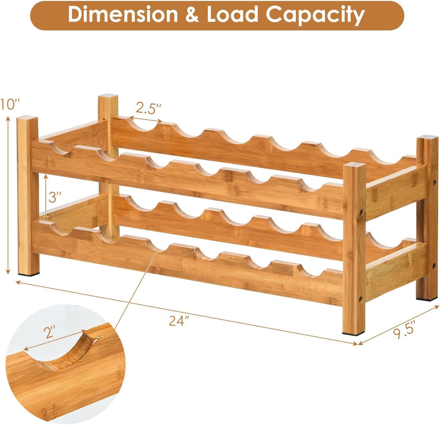 COSTWAY Wine Rack, Bamboo 12 Bottles 2-Tier Wine Display Rack for Countertop Home Kitchen Pantry, Freestanding Wine Storage, Rack Tabletop Wine Rack, Bar, Pantry, Cellar, Nature (24.5L x 9.5W x 10H)