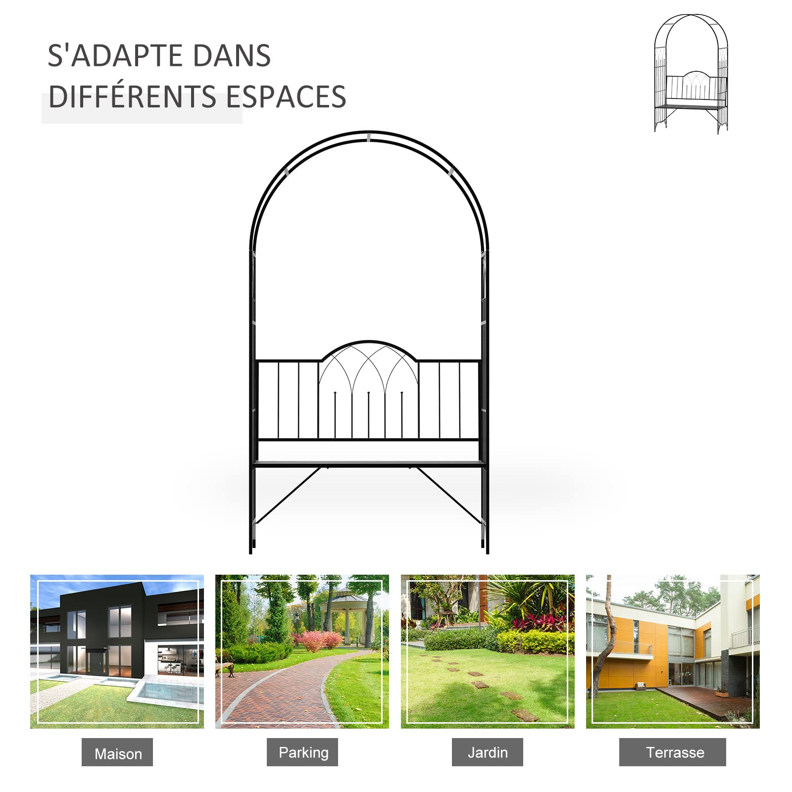 Outsunny Arche à rosiers Banc de Jardin 2 Places 2 en 1 dim. 115L x 59l x 203H cm métal époxy Noir