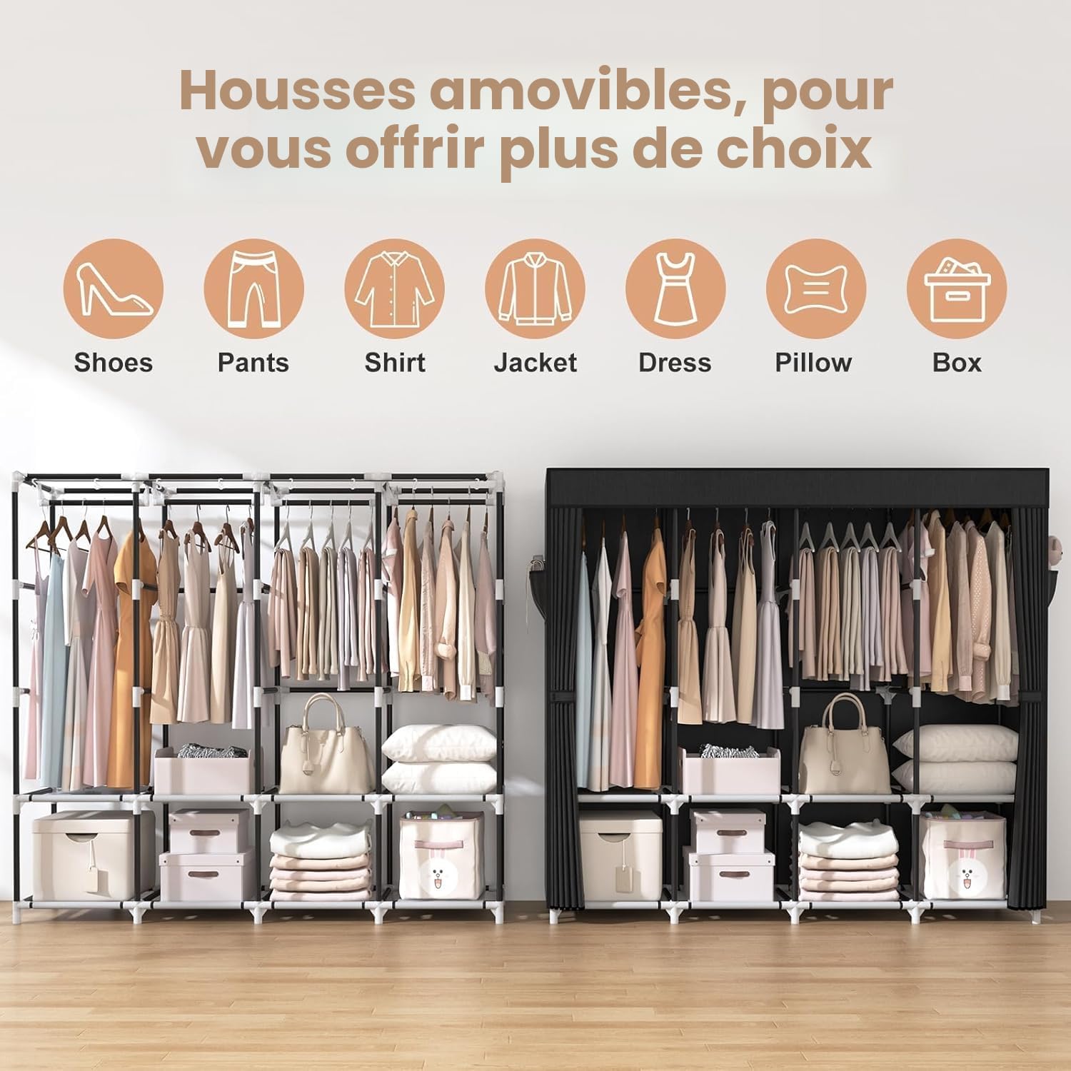 Armoire de Rangement, Penderie Portable - 170 cm de large - Grande capacité - Avec couvercle,4 étagères de rangement et 4 barres de suspension-Armoire en tissu autonome robuste pour chambre à coucher