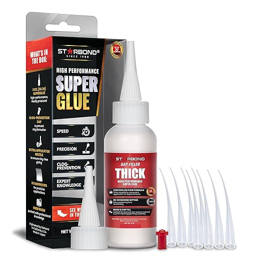 Starbond Thick Super Glue Pro Kit (2 oz) – Gap-Filling CA Glue (Cyanoacrylate Adhesive) – with Clog-Resistant Cap, Microtips & Extra Nozzle for Woodworking, Crafts, Carpentry, Archery Fletching
