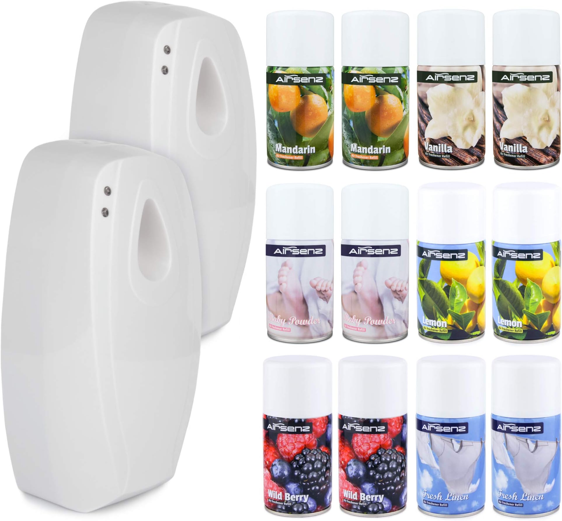 AIRSENZ Air Freshener Automatic Dispenser Business Starter Kit - 270ml Aerosol Spray Refill Cans - 6 Mixed Fragrances - White Dispensers