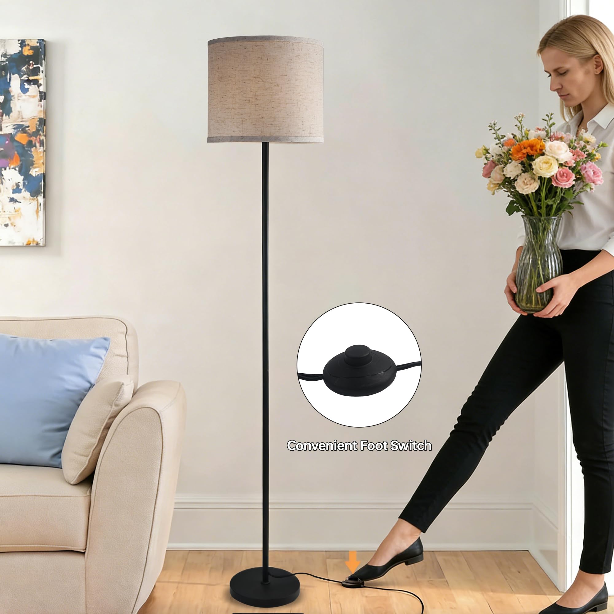 Lamparas de Pie Salon Modernas, Candeeiro de pé con Pantalla de Lino Beige, Pantalla de Tela, Casquillo E27, 160cm Lámpara Negra para Dormitorio, Salón, Oficina