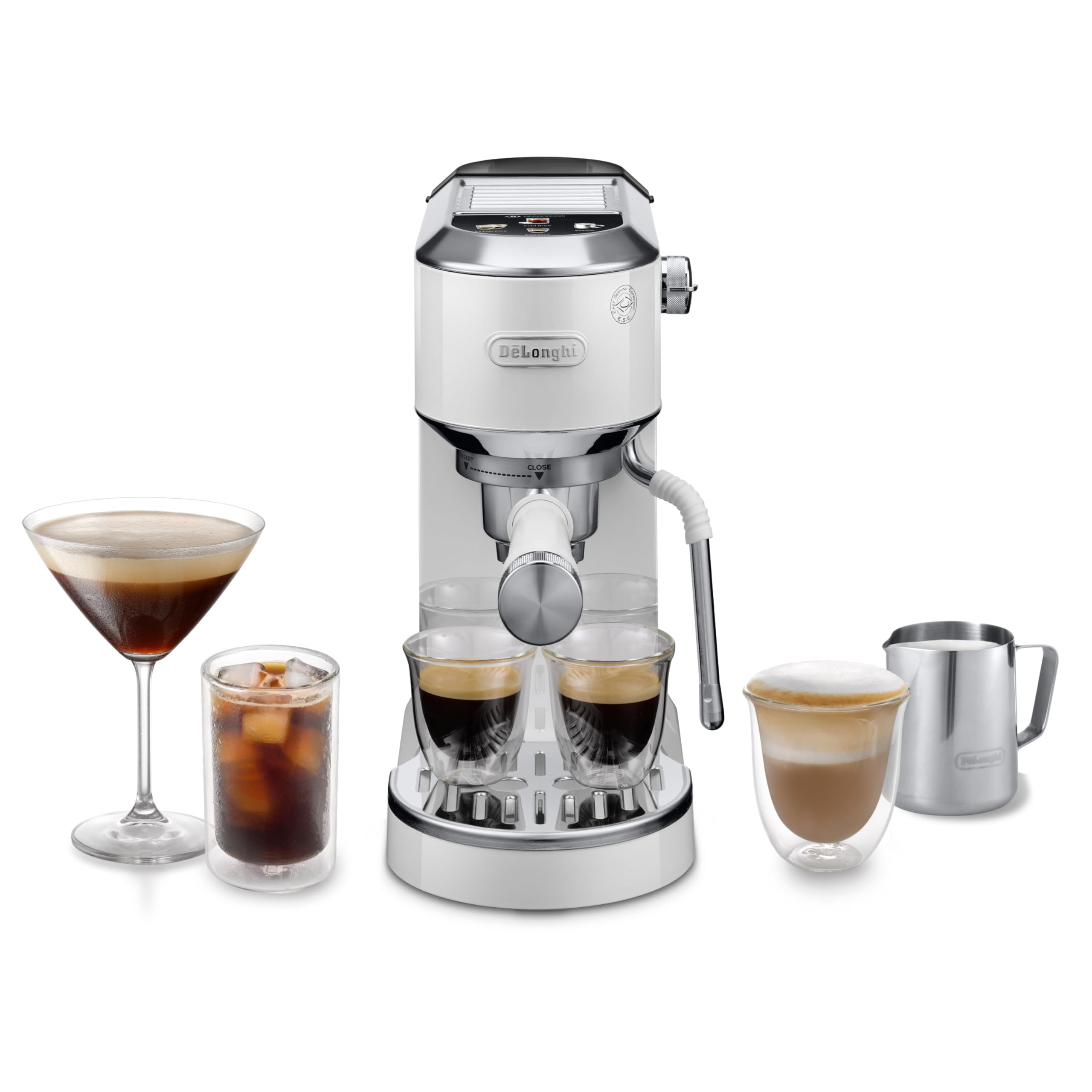 De'Longhi Dedica Duo EC890.WI, Barista Coffee Machine with Pump, Espresso and Cold Brew, Manual Coffee Machine with LatteArt Steam Rod, 15 cm Wide, 2 Espresso, Touch Screen, Cups up to 13 cm, White