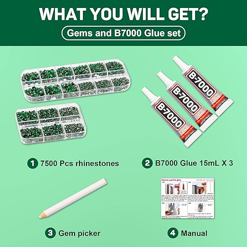 Miniatura 2 de B7000 - Pegamento adhesivo para 7500 unidades de diamantes de imitación verdes para manualidades, ropa, gemas de fondo plano verde esmeralda para