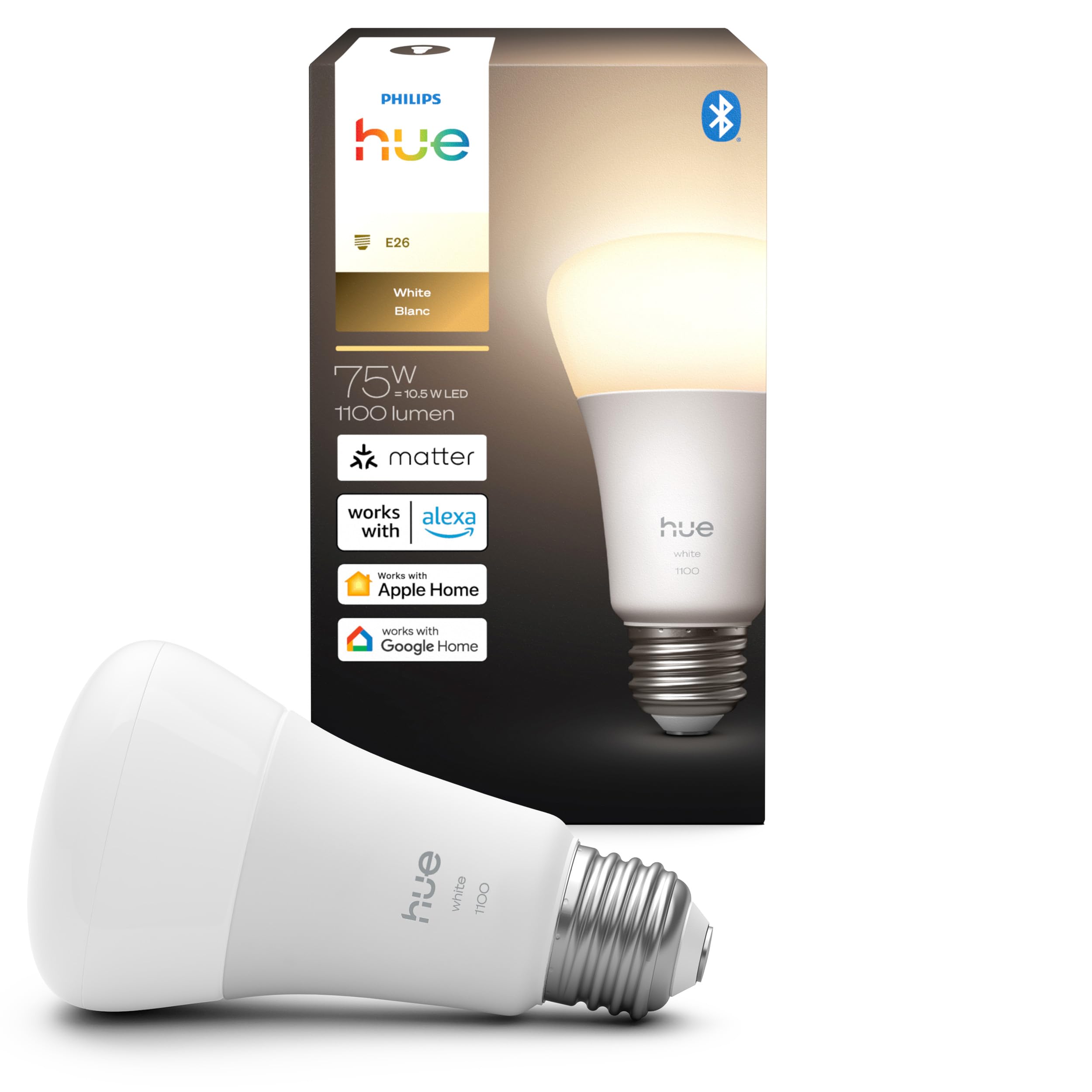 Philips Hue Smart LED A19 Bulb 1-Pack, Warm White Light 2700K, E26