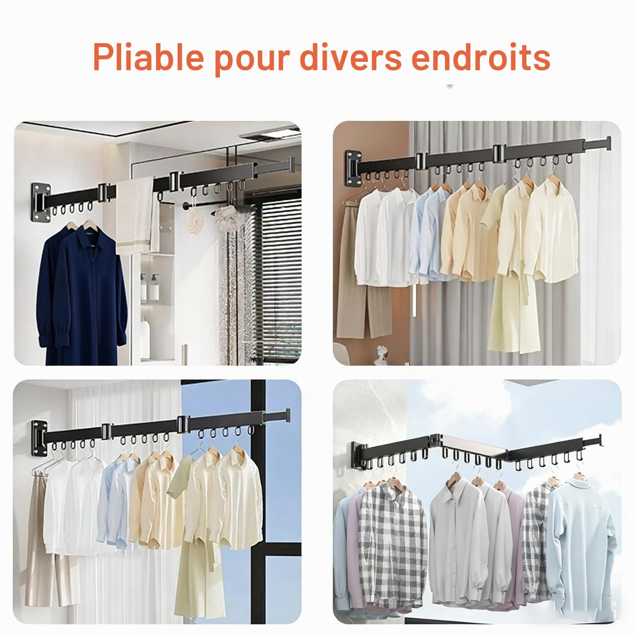 Étendoir à Linge Mural Pliable et rétractable de 128 cm, 3 étendoirs, Gain de Place, idéal pour balcons, salles de Bain et buanderies, Noir